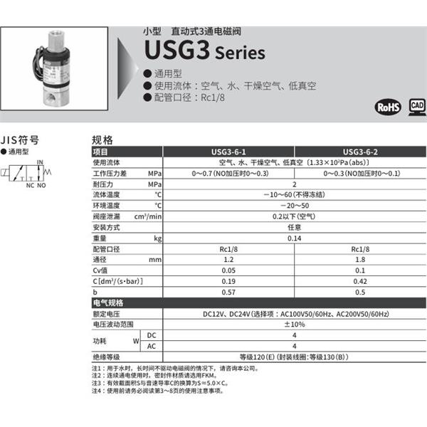 CKD喜開(kāi)理多種流體小型直動(dòng)式2通電磁閥USG3-6-2-AC200V
