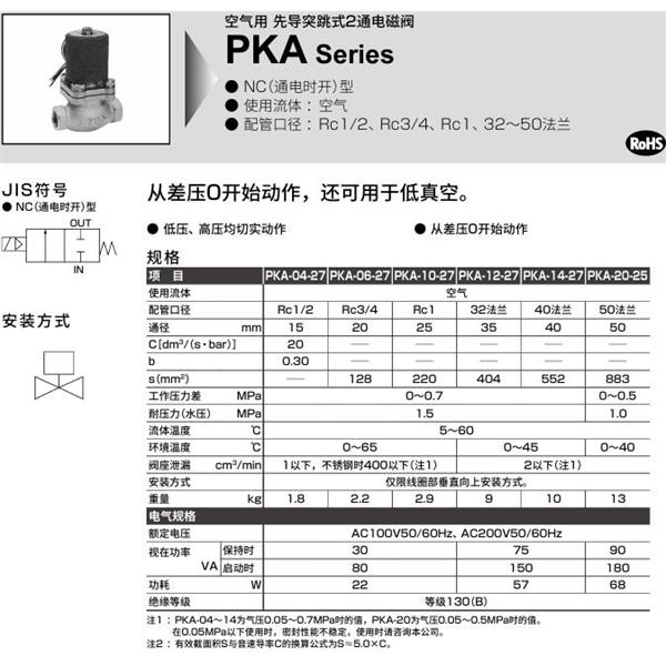CKD喜開理空氣用先導突跳式2通電磁閥PKA-10-27-C-3M-AC100V