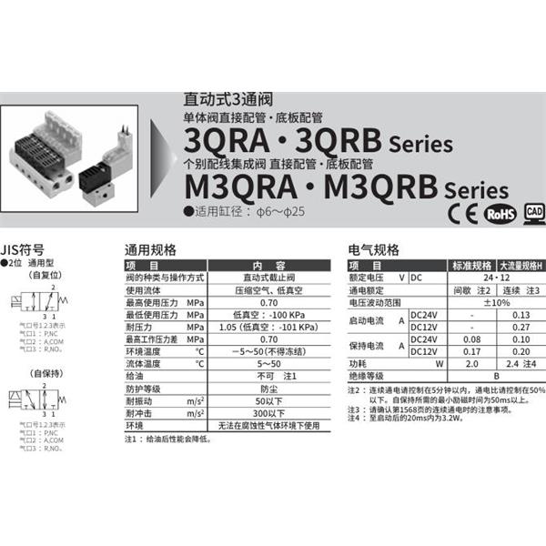 CKD喜開理直動式3通電磁閥M3QRB110-M5-C20-2-3