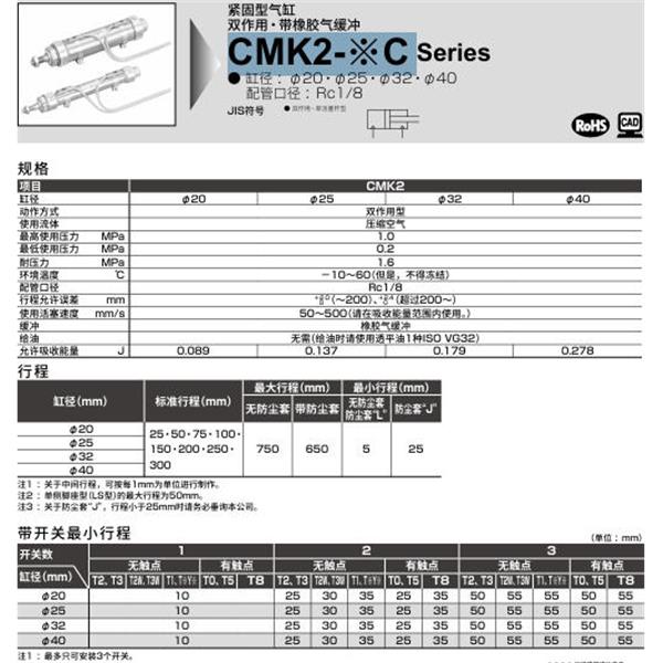 CKD喜開理緊固型氣缸CMK2-TB-20C-100-T0H-R-JI