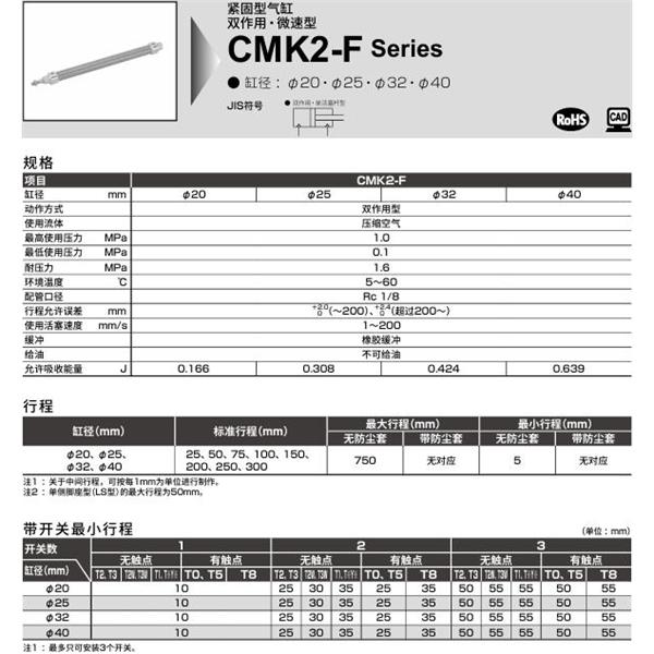 CKD喜開理緊固型氣缸CMK2-F-CA-25-100-MI