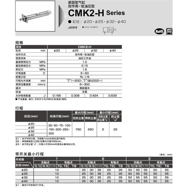 CKD喜開理緊固型氣缸CMK2-H-CC1-40-100-JI