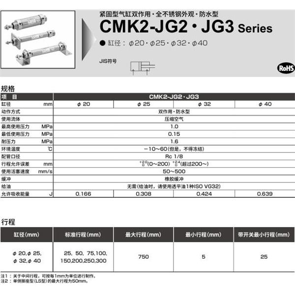 CKD喜開理緊固型氣缸CMK2-JG3-00-20-50-I