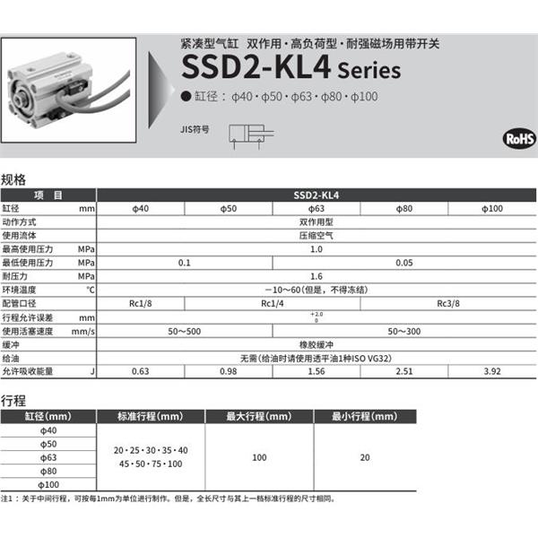CKD喜開理緊湊型氣缸SSD2-KL4-100-40-V0-D-N-LB-I