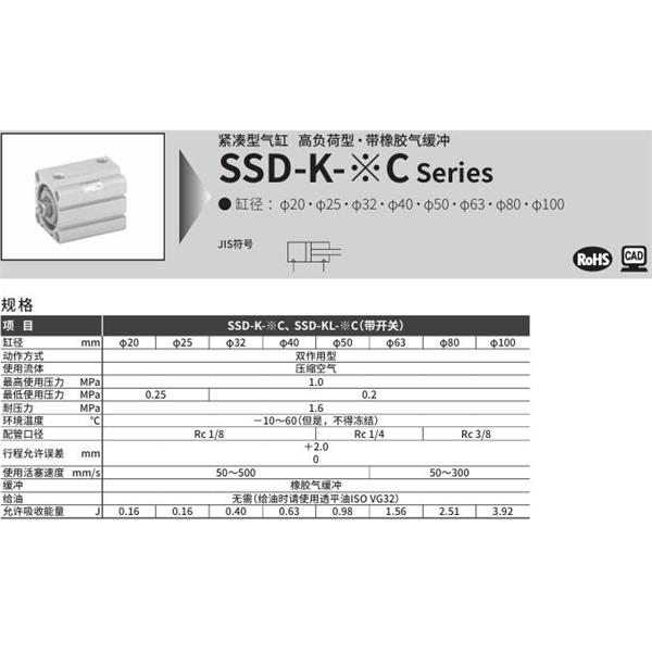 CKD喜開理超級緊湊型氣缸SSD-K-100C-10-N-LB-I