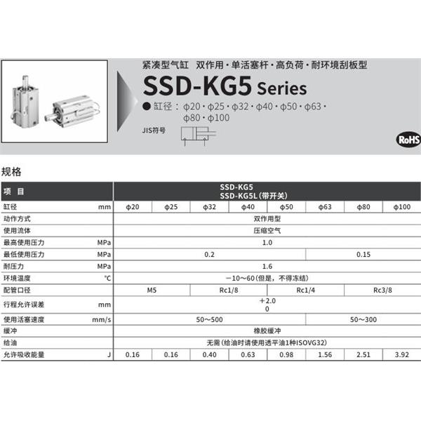 CKD喜開理超級緊湊型氣缸SSD-KG5L-63-5-T0H-R-N-LB-I