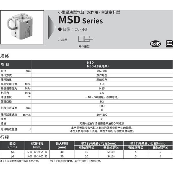 CKD喜開理小型帶線性導軌緊湊型氣缸MSD-L-6-5-F0H-R-R