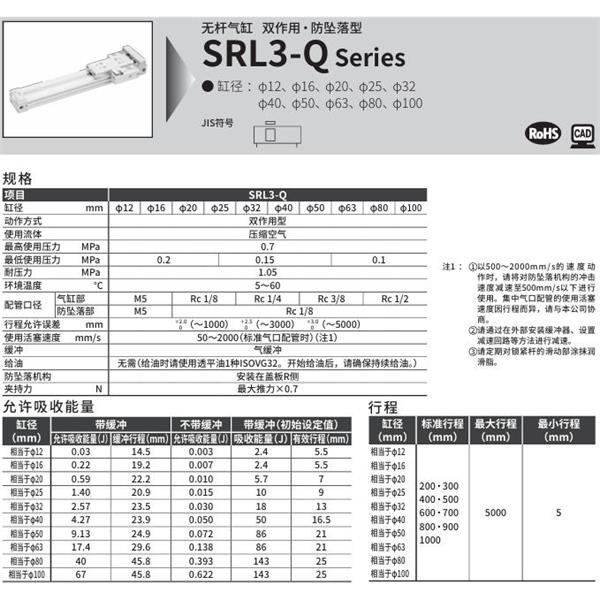 CKD喜開理超級無桿氣缸SRL3-Q-LB1-50B-200-M0H-R-B